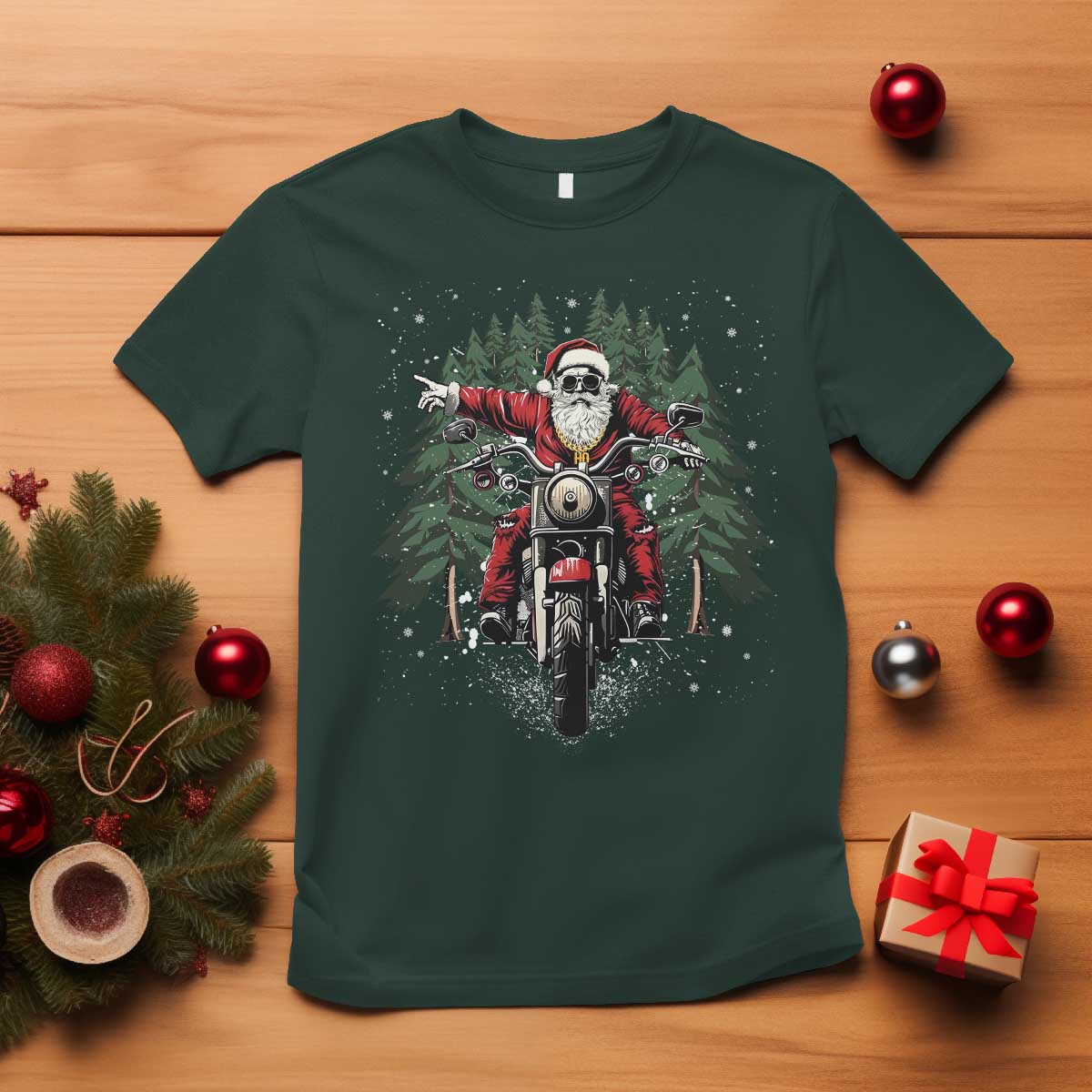 Christmas Motorcycle T Shirt Santa Biker Riding Motorcycle TS10 Dark Forest Green Print Your Wear