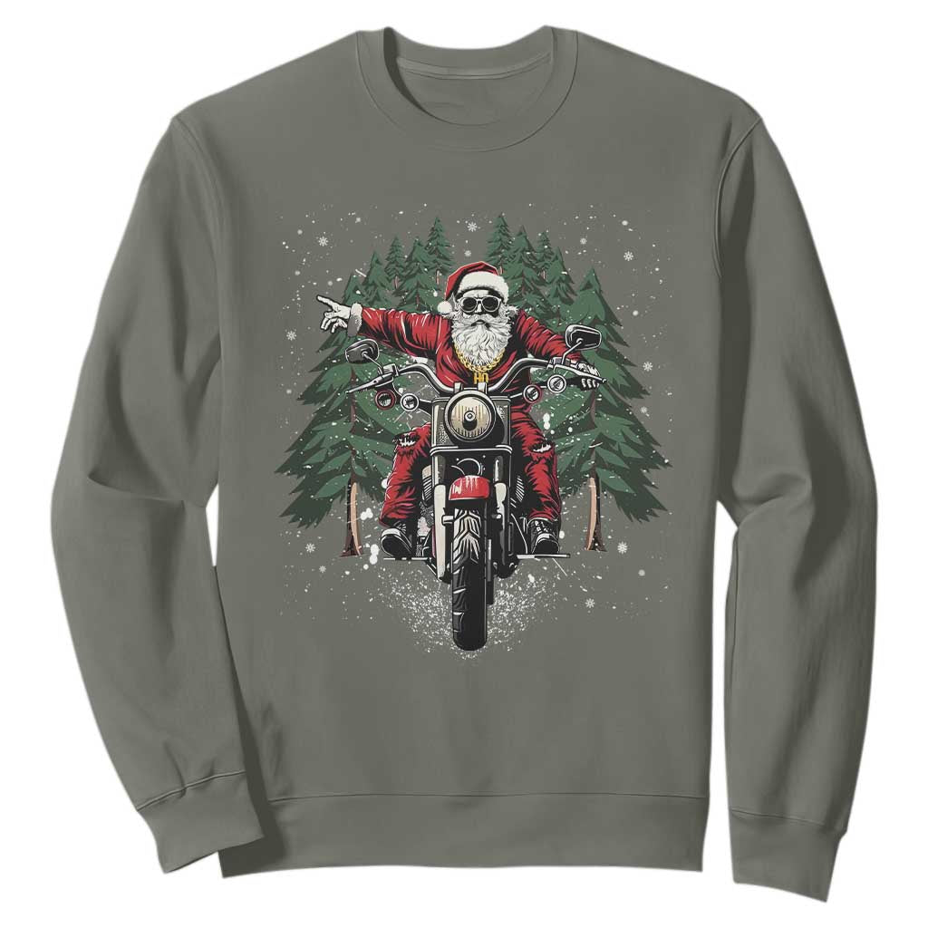 Christmas Motorcycle Sweatshirt Santa Biker Riding Motorcycle TS10 Military Green Print Your Wear