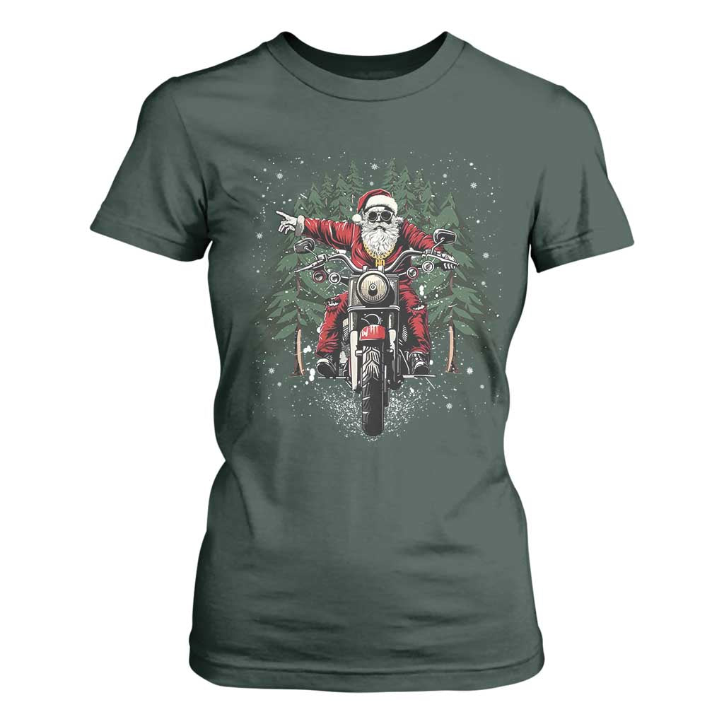 Christmas Motorcycle T Shirt For Women Santa Biker Riding Motorcycle TS10 Dark Forest Green Print Your Wear