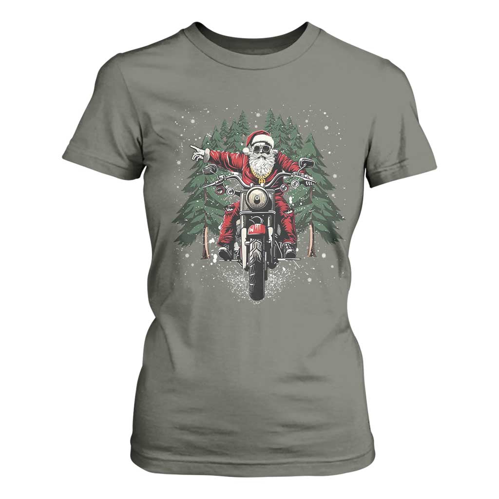 Christmas Motorcycle T Shirt For Women Santa Biker Riding Motorcycle TS10 Military Green Print Your Wear