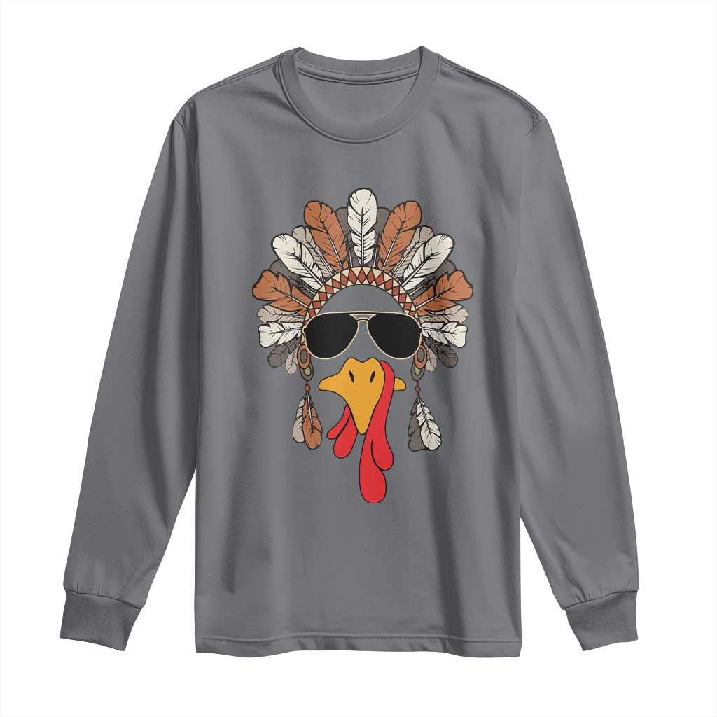 Funny Turkey Face Long Sleeve Shirt Family Matching Native Hat Cute Fall Thanksgiving TS10 Charcoal Print Your Wear