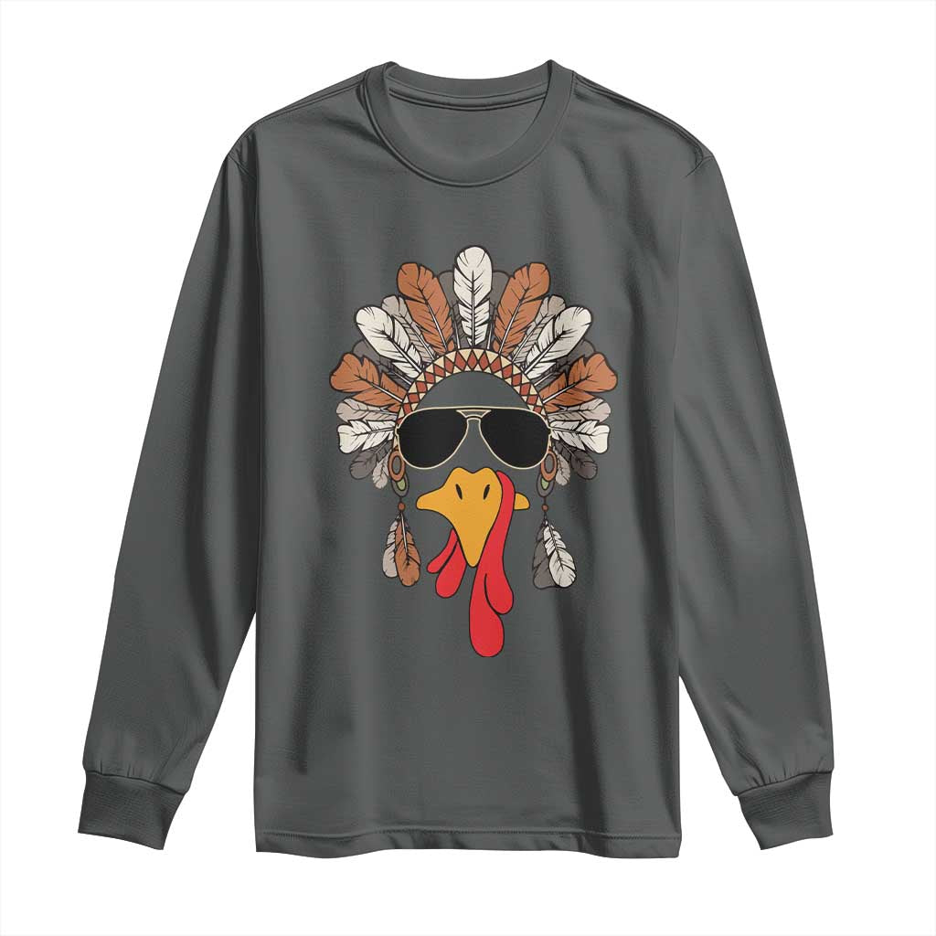 Funny Turkey Face Long Sleeve Shirt Family Matching Native Hat Cute Fall Thanksgiving TS10 Dark Heather Print Your Wear