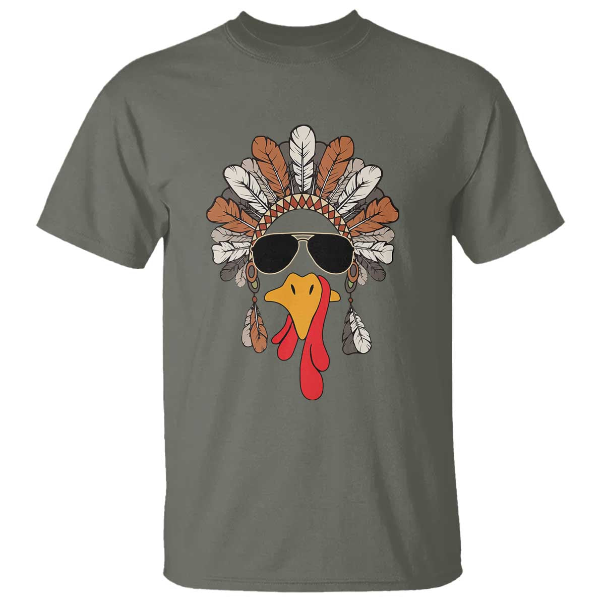 Funny Turkey Face T Shirt Family Matching Native Hat Cute Fall Thanksgiving TS10 Military Green Print Your Wear