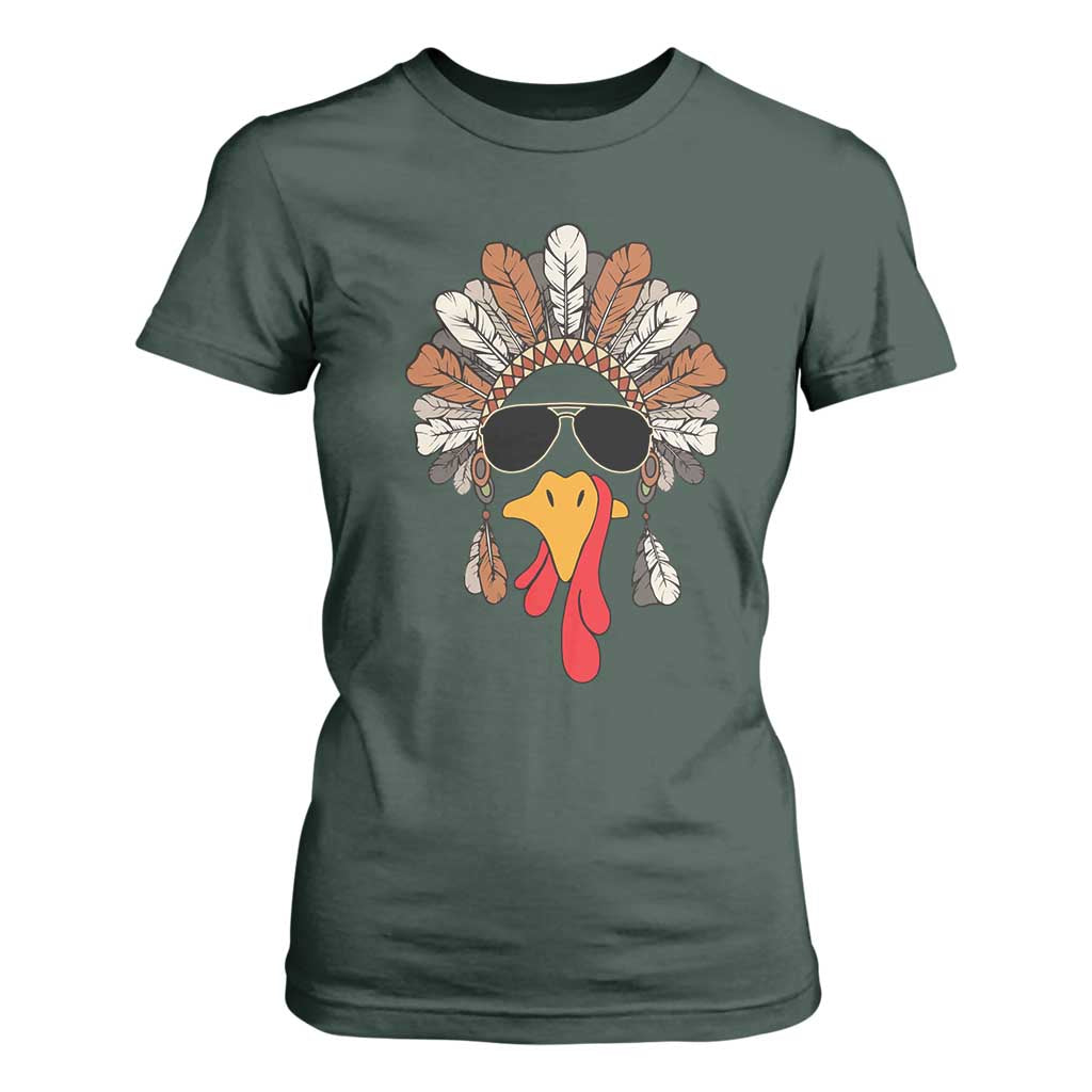 Funny Turkey Face T Shirt For Women Family Matching Native Hat Cute Fall Thanksgiving TS10 Dark Forest Green Print Your Wear
