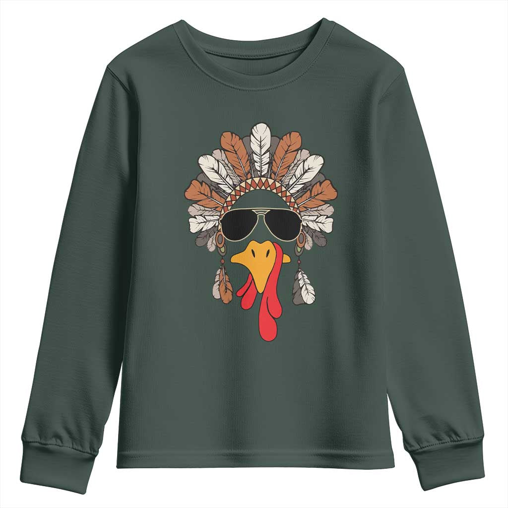 Funny Turkey Face Youth Sweatshirt Family Matching Native Hat Cute Fall Thanksgiving TS10 Dark Forest Green Print Your Wear