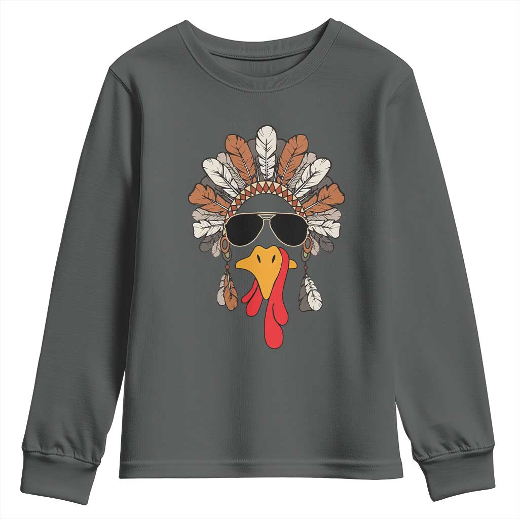Funny Turkey Face Youth Sweatshirt Family Matching Native Hat Cute Fall Thanksgiving TS10 Dark Heather Print Your Wear