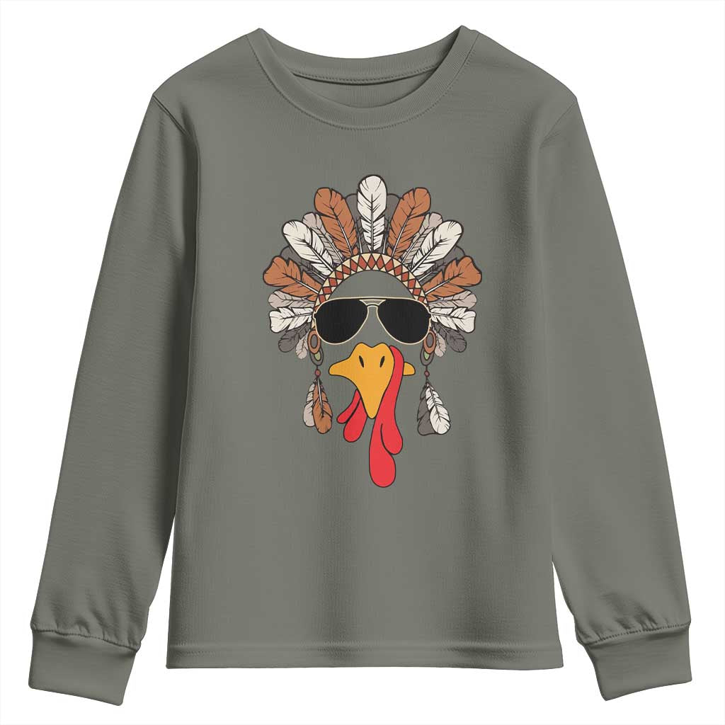 Funny Turkey Face Youth Sweatshirt Family Matching Native Hat Cute Fall Thanksgiving TS10 Military Green Print Your Wear
