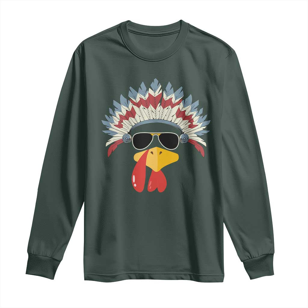Funny Turkey Face Long Sleeve Shirt Thanksgiving Family Group Native American Costumes TS10 Dark Forest Green Print Your Wear