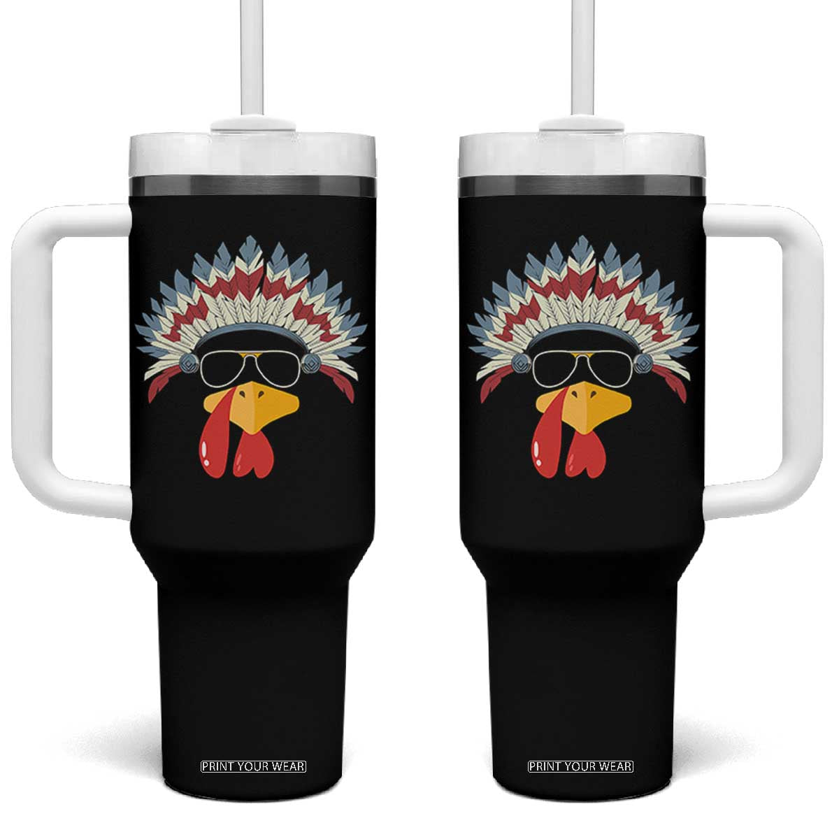 Funny Turkey Face Tumbler With Handle Thanksgiving Family Group Native American Costumes TS10 One Size: 40 oz Black Print Your Wear