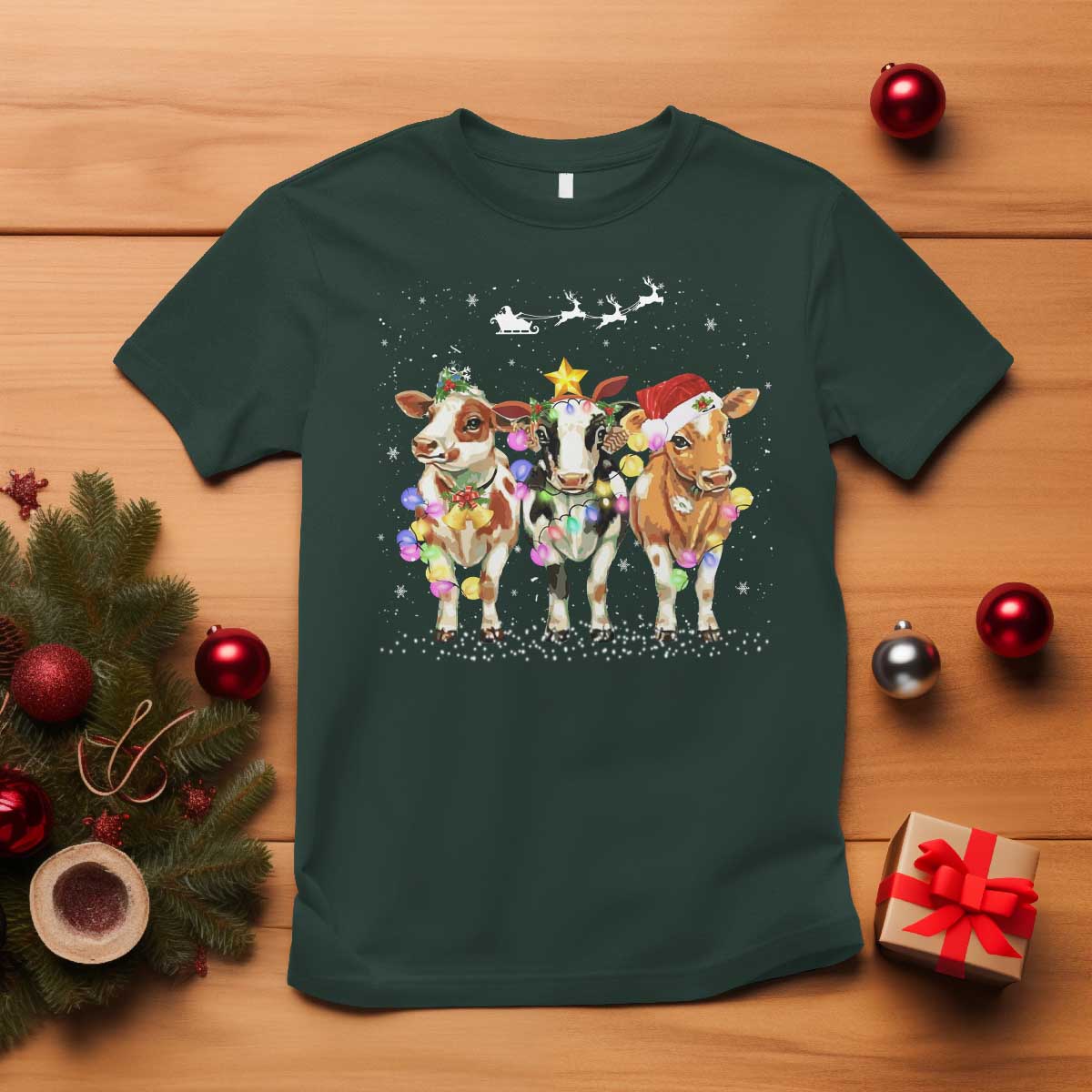 Christmas Cow T Shirt Cow Lover Xmas Gifts TS10 Dark Forest Green Print Your Wear