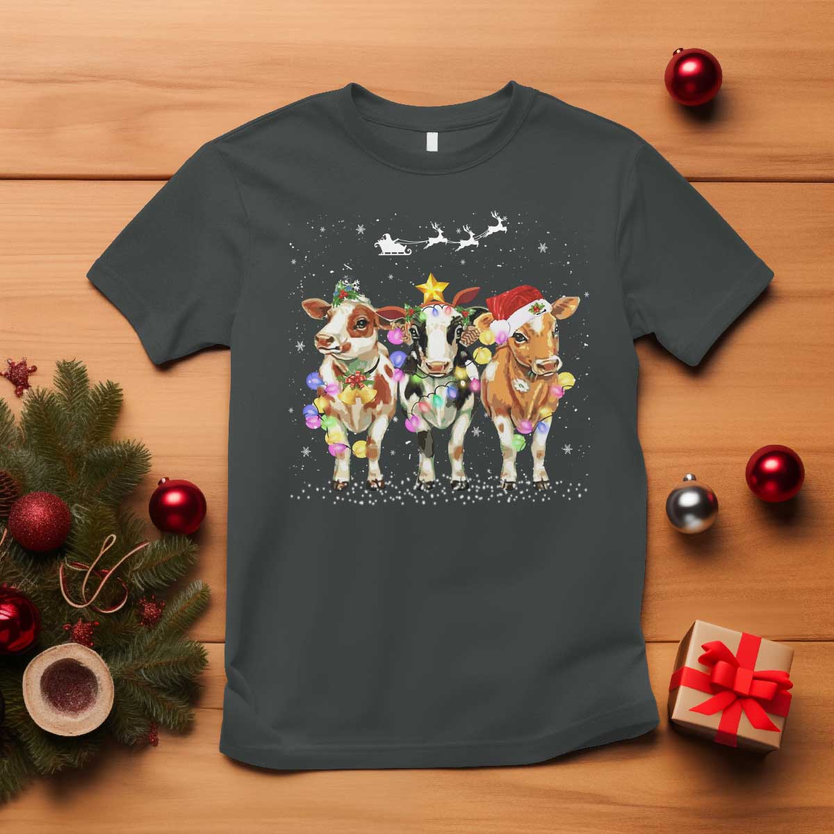 Christmas Cow T Shirt Cow Lover Xmas Gifts TS10 Dark Heather Print Your Wear
