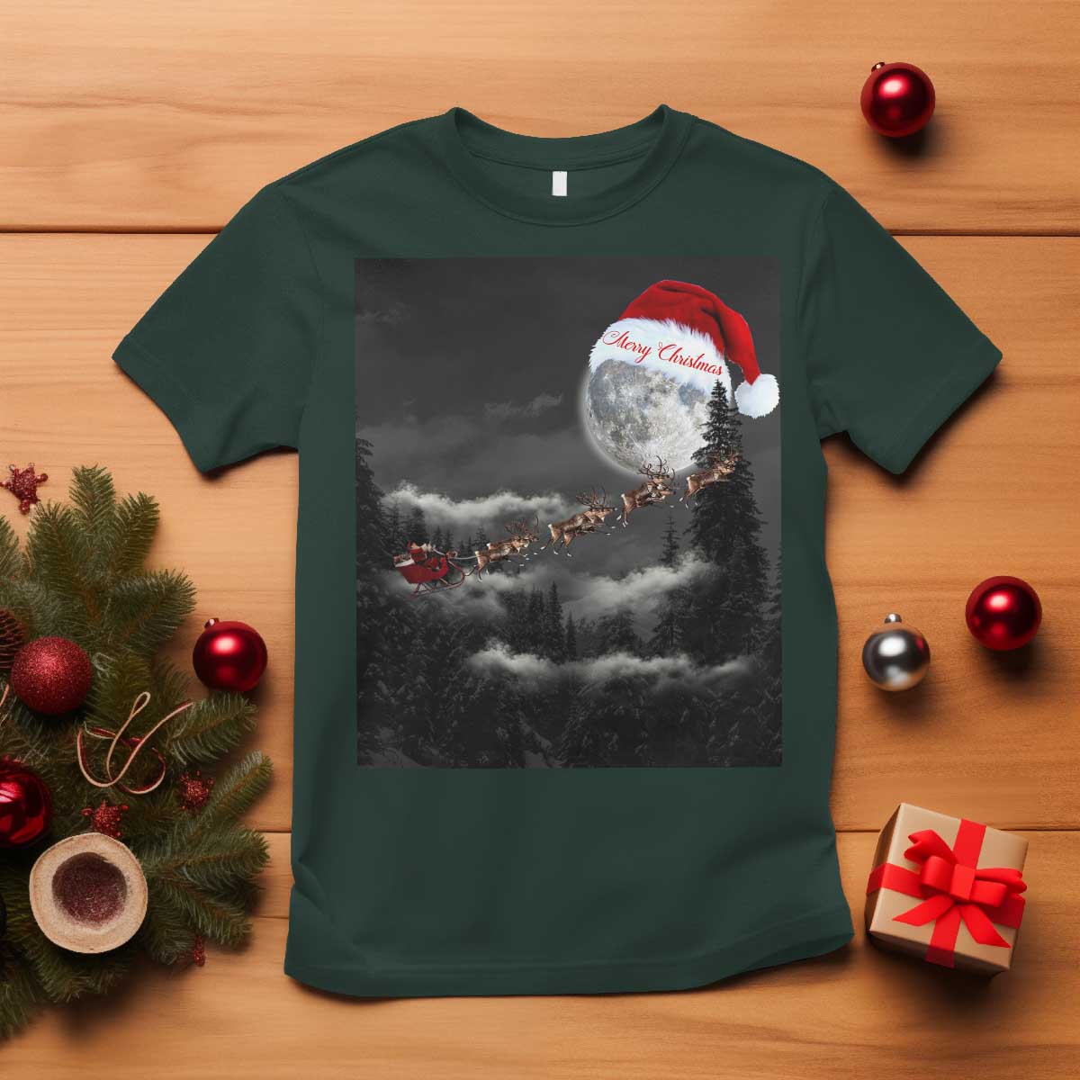 Merry Christmas T Shirt Santa To The Moon TS10 Dark Forest Green Print Your Wear