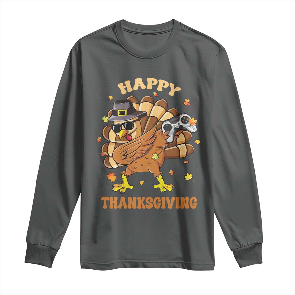 Funny Thanksgiving Long Sleeve Shirt Dabbing Gamer Turkey TS10 Dark Heather Print Your Wear