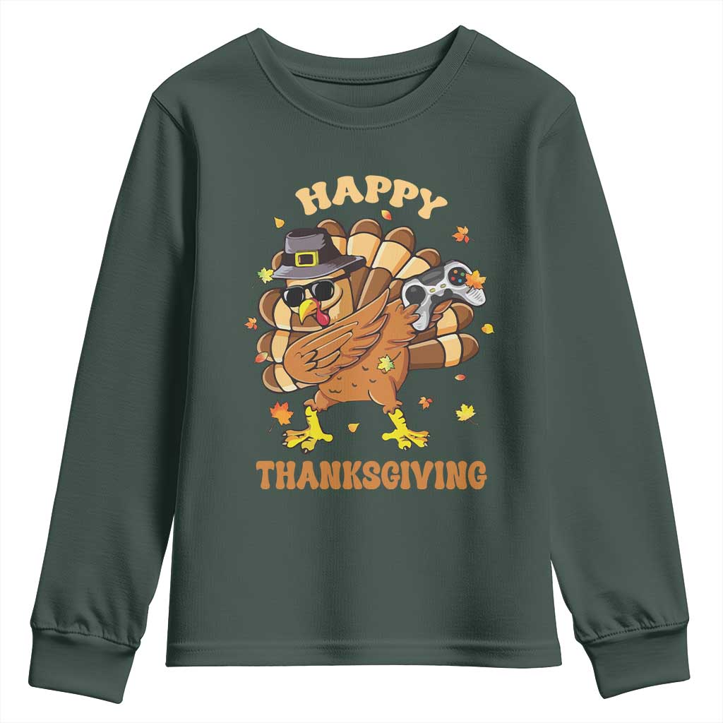 Funny Thanksgiving Youth Sweatshirt Dabbing Gamer Turkey TS10 Dark Forest Green Print Your Wear