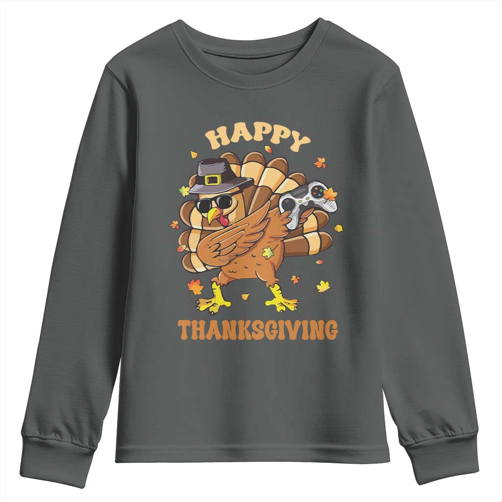 Funny Thanksgiving Youth Sweatshirt Dabbing Gamer Turkey TS10 Dark Heather Print Your Wear