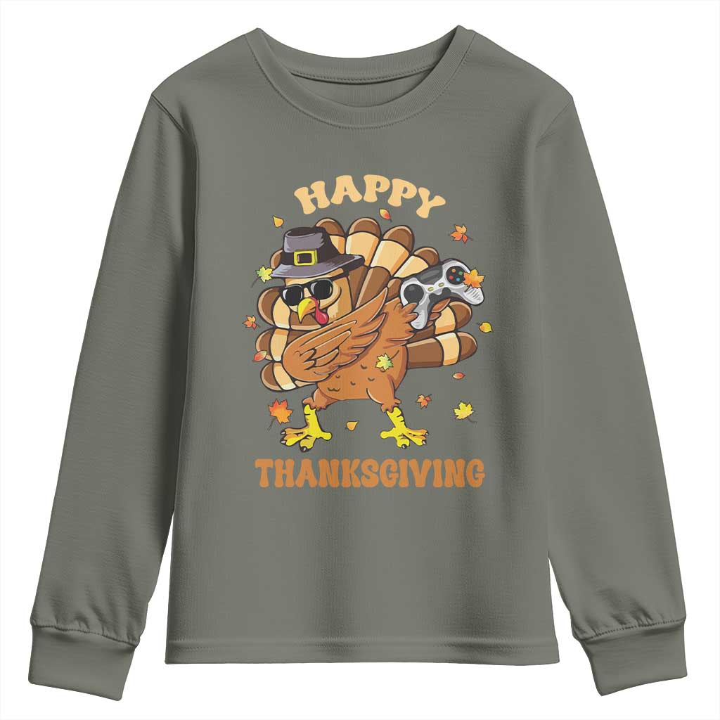 Funny Thanksgiving Youth Sweatshirt Dabbing Gamer Turkey TS10 Military Green Print Your Wear