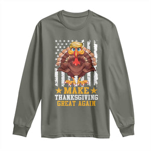 Funny Trump Thanksgiving Long Sleeve Shirt Make Thanksgiving Great Again Trump Turkey US Flag TS10 Military Green Print Your Wear