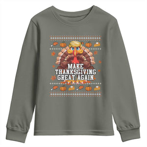 Funny Thanksgiving Trump 2024 Youth Sweatshirt Make Thanksgiving Great Again Trump Turkey TS10 Military Green Print Your Wear