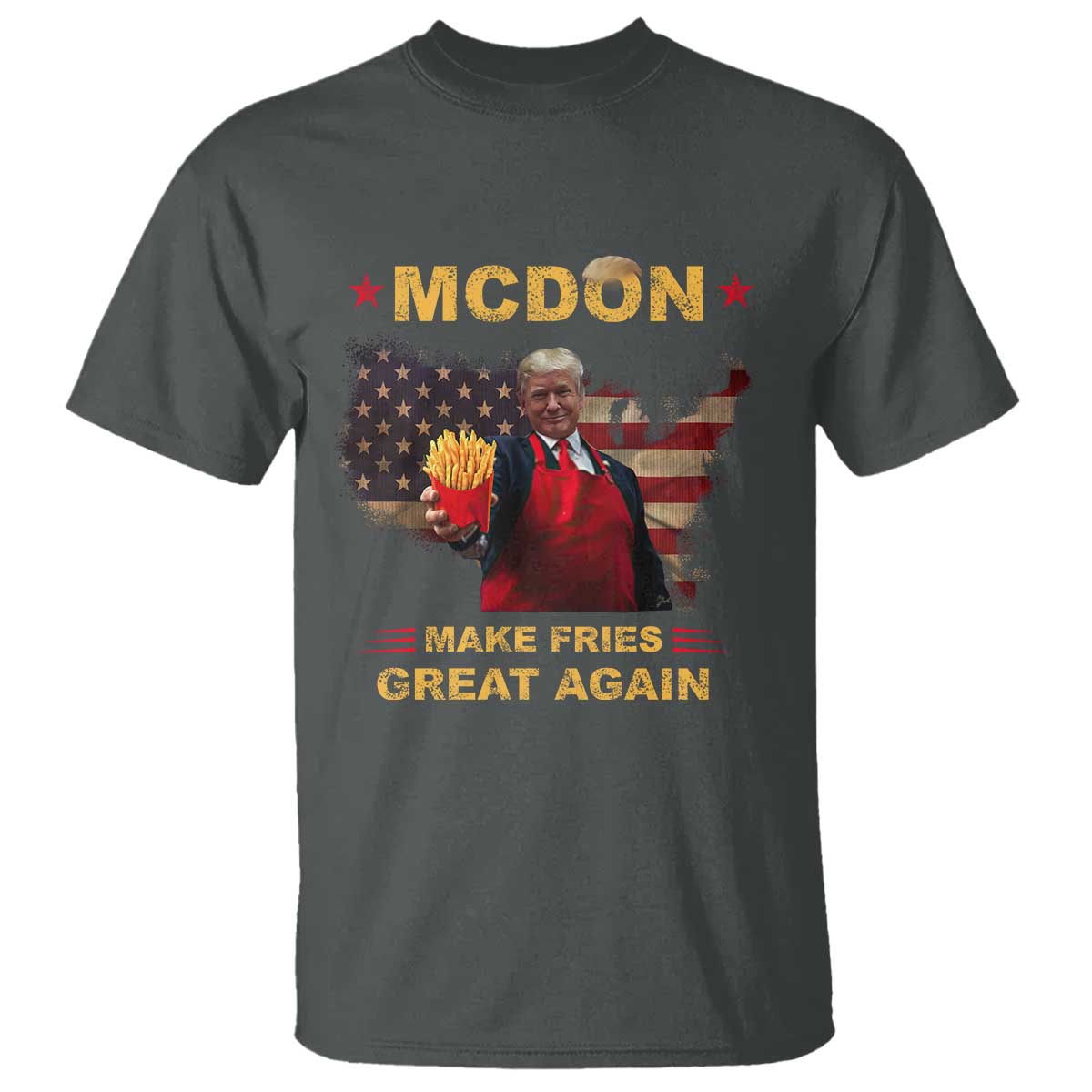 Funny Trump 2024 T Shirt President Trump Makes Fries Great Again American Flag TS10 Dark Heather Print Your Wear