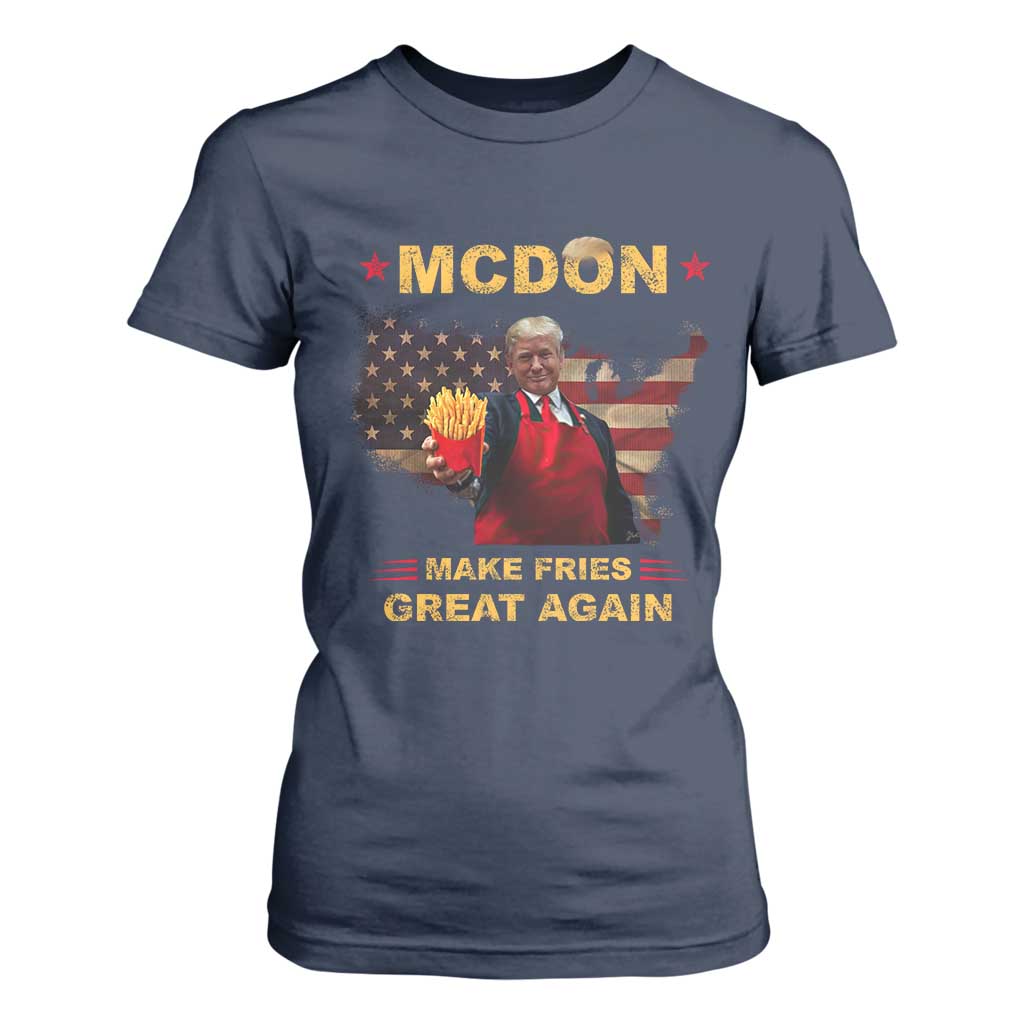 Funny Trump 2024 T Shirt For Women President Trump Makes Fries Great Again American Flag TS10 Navy Print Your Wear