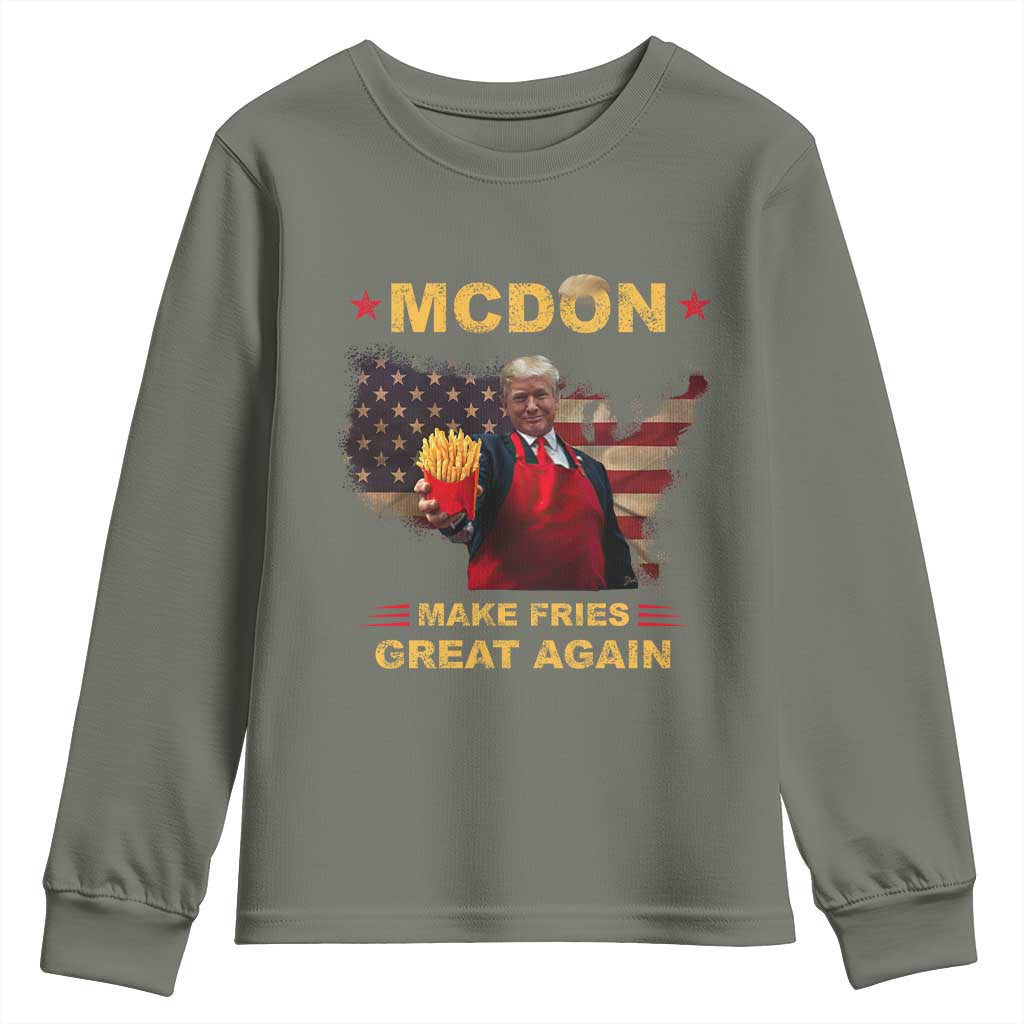 Funny Trump 2024 Youth Sweatshirt President Trump Makes Fries Great Again American Flag TS10 Military Green Print Your Wear