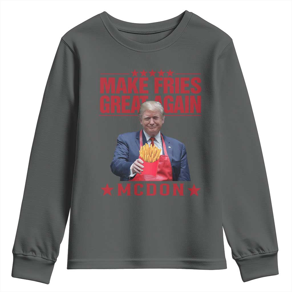 Funny Trump 2024 Youth Sweatshirt McDon Trump Makes Fries Great Again TS10 Dark Heather Print Your Wear