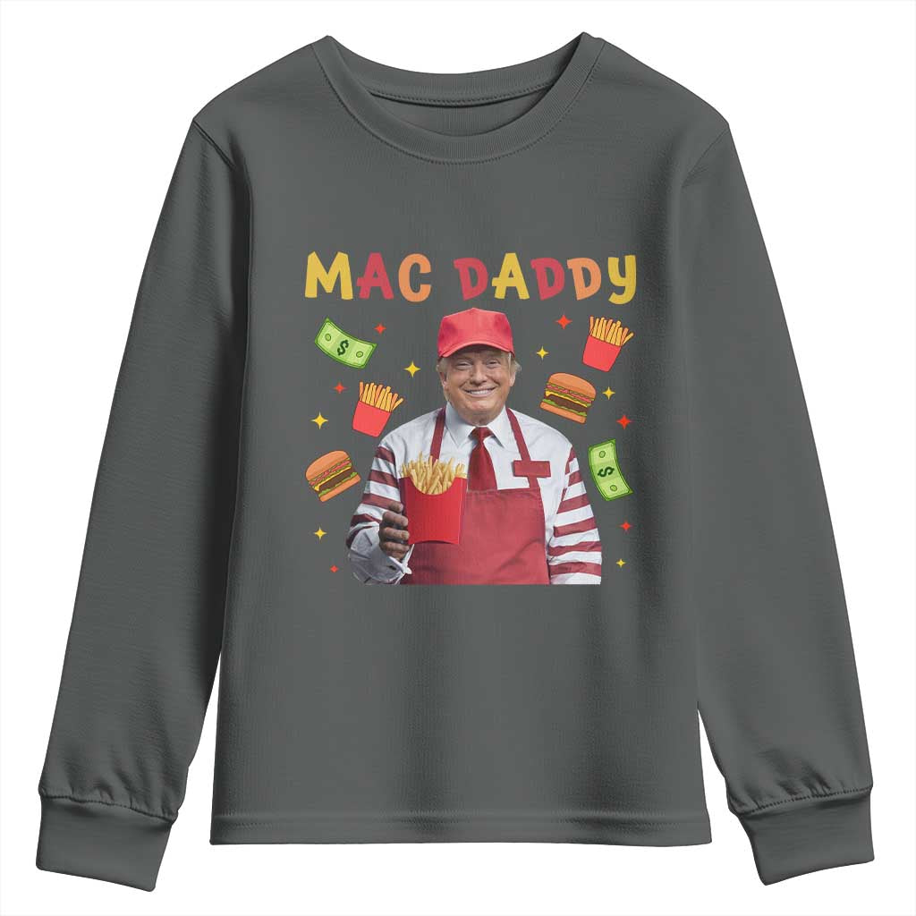 Funny Trump 2024 Youth Sweatshirt Mac Daddy Makes Fries Fast Food TS10 Dark Heather Print Your Wear