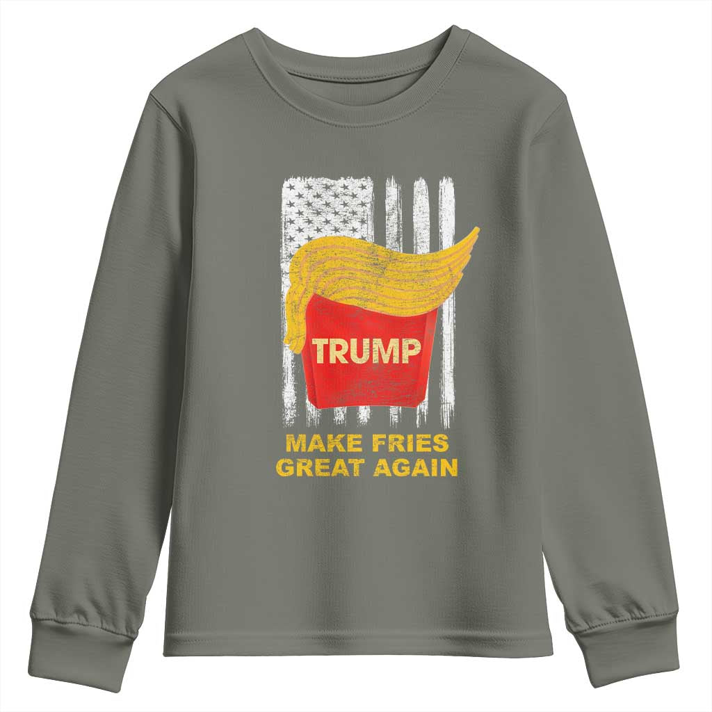Funny Trump 2024 Youth Sweatshirt President Trump Makes Fries Great Again US Flag TS10 Military Green Print Your Wear