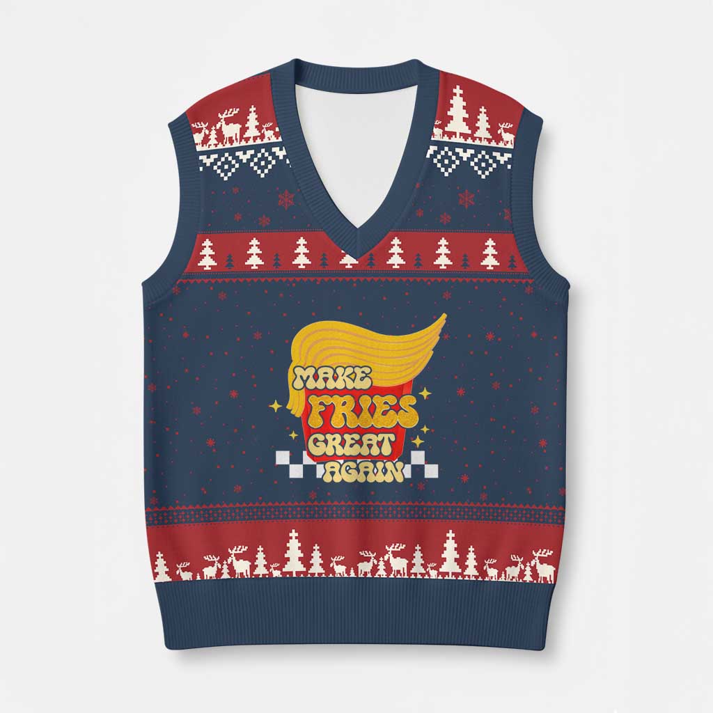 Funny Fries V-Neck Knit Sweater Vest Make Fries Great Again Checkered TS10 Navy Red Print Your Wear