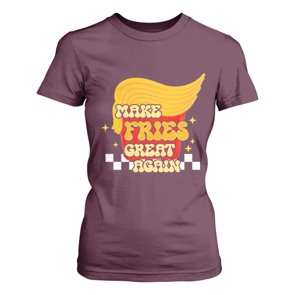 Funny Fries T Shirt For Women Make Fries Great Again Checkered TS10 Maroon Print Your Wear