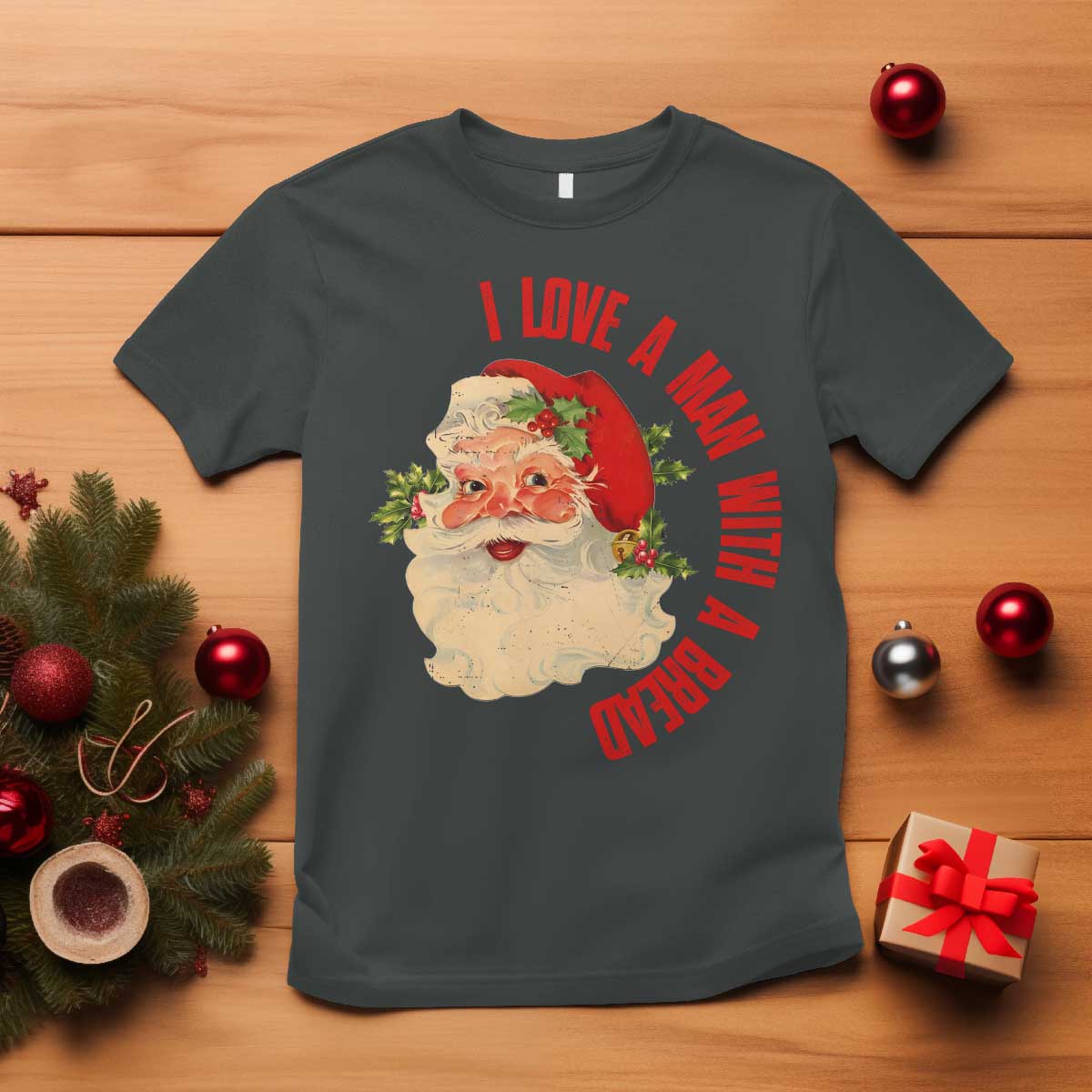 Christmas Santa T Shirt Fun Retro I Love A Man With A Beard TS10 Dark Heather Print Your Wear