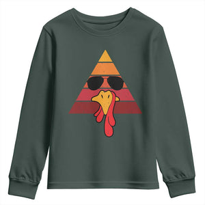 Funny Thanksgiving Youth Sweatshirt Cool Turkey Face With Sunglasses Face Vintage Retro TS10 Dark Forest Green Print Your Wear