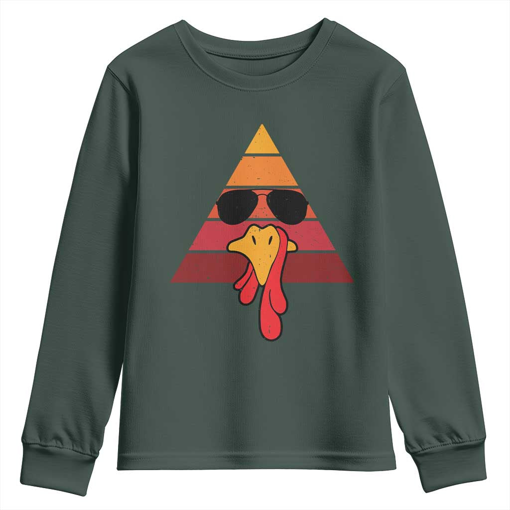 Funny Thanksgiving Youth Sweatshirt Cool Turkey Face With Sunglasses Face Vintage Retro TS10 Dark Forest Green Print Your Wear