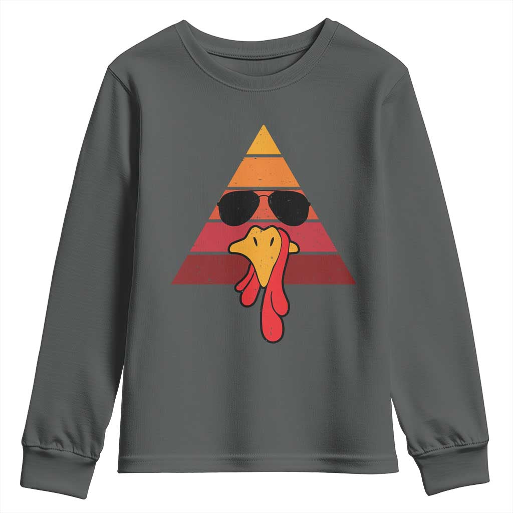 Funny Thanksgiving Youth Sweatshirt Cool Turkey Face With Sunglasses Face Vintage Retro TS10 Dark Heather Print Your Wear