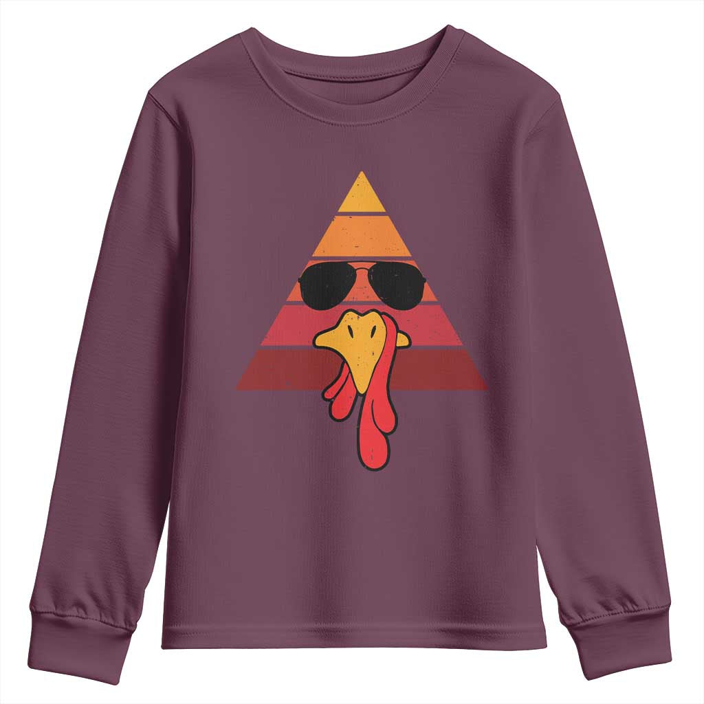 Funny Thanksgiving Youth Sweatshirt Cool Turkey Face With Sunglasses Face Vintage Retro TS10 Maroon Print Your Wear