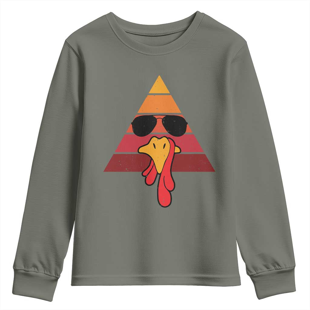 Funny Thanksgiving Youth Sweatshirt Cool Turkey Face With Sunglasses Face Vintage Retro TS10 Military Green Print Your Wear