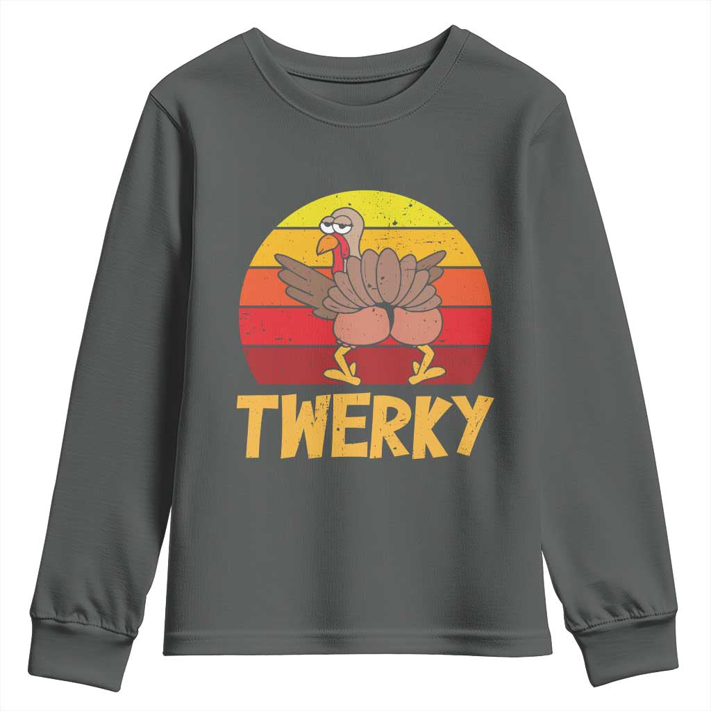 Funny Thanksgiving Youth Sweatshirt Vintage Twerky Turkey Butt Twerk Dance Pun Gift TS10 Dark Heather Print Your Wear