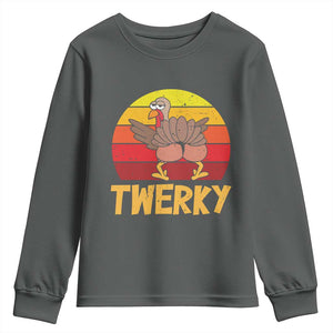Funny Thanksgiving Youth Sweatshirt Vintage Twerky Turkey Butt Twerk Dance Pun Gift TS10 Dark Heather Print Your Wear