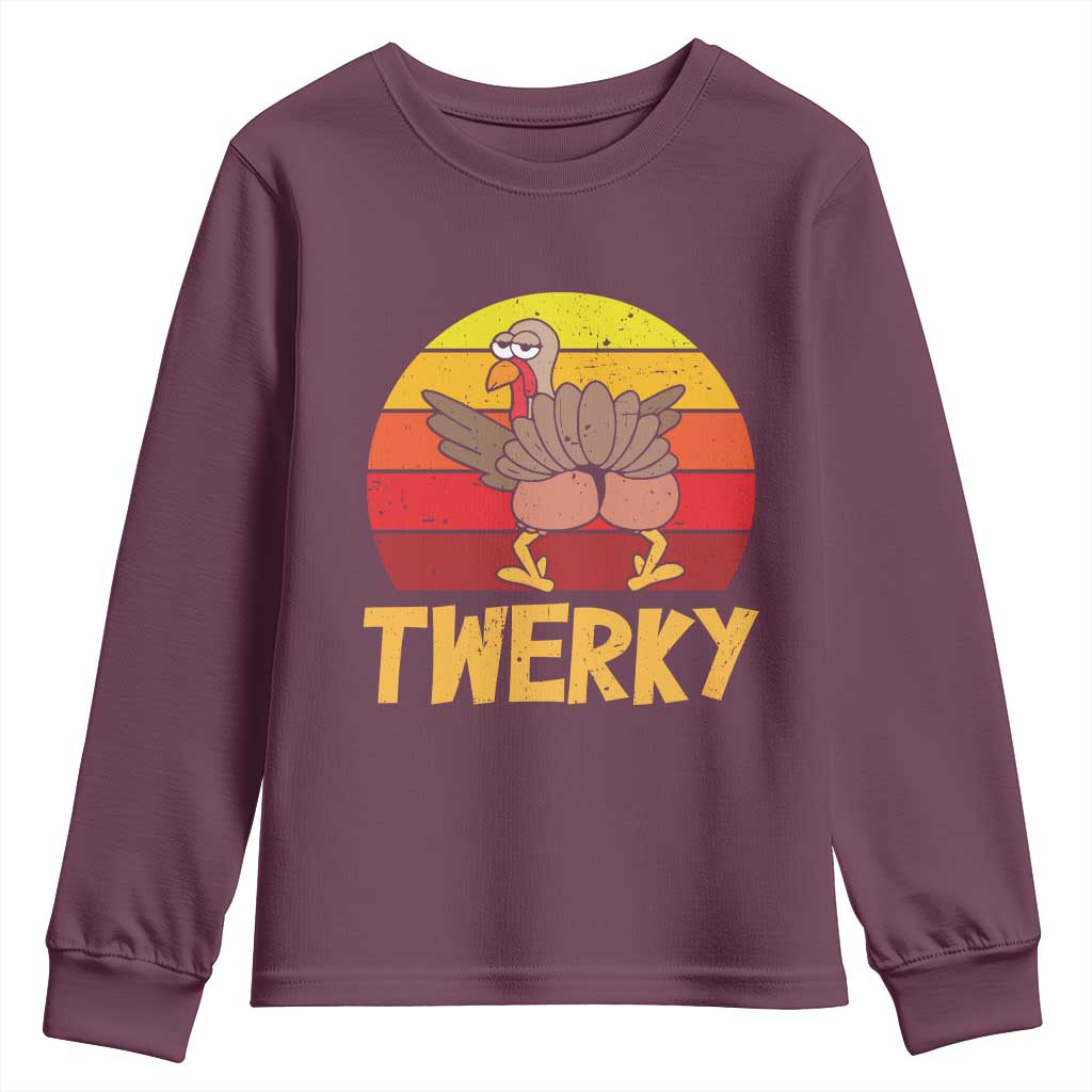 Funny Thanksgiving Youth Sweatshirt Vintage Twerky Turkey Butt Twerk Dance Pun Gift TS10 Maroon Print Your Wear