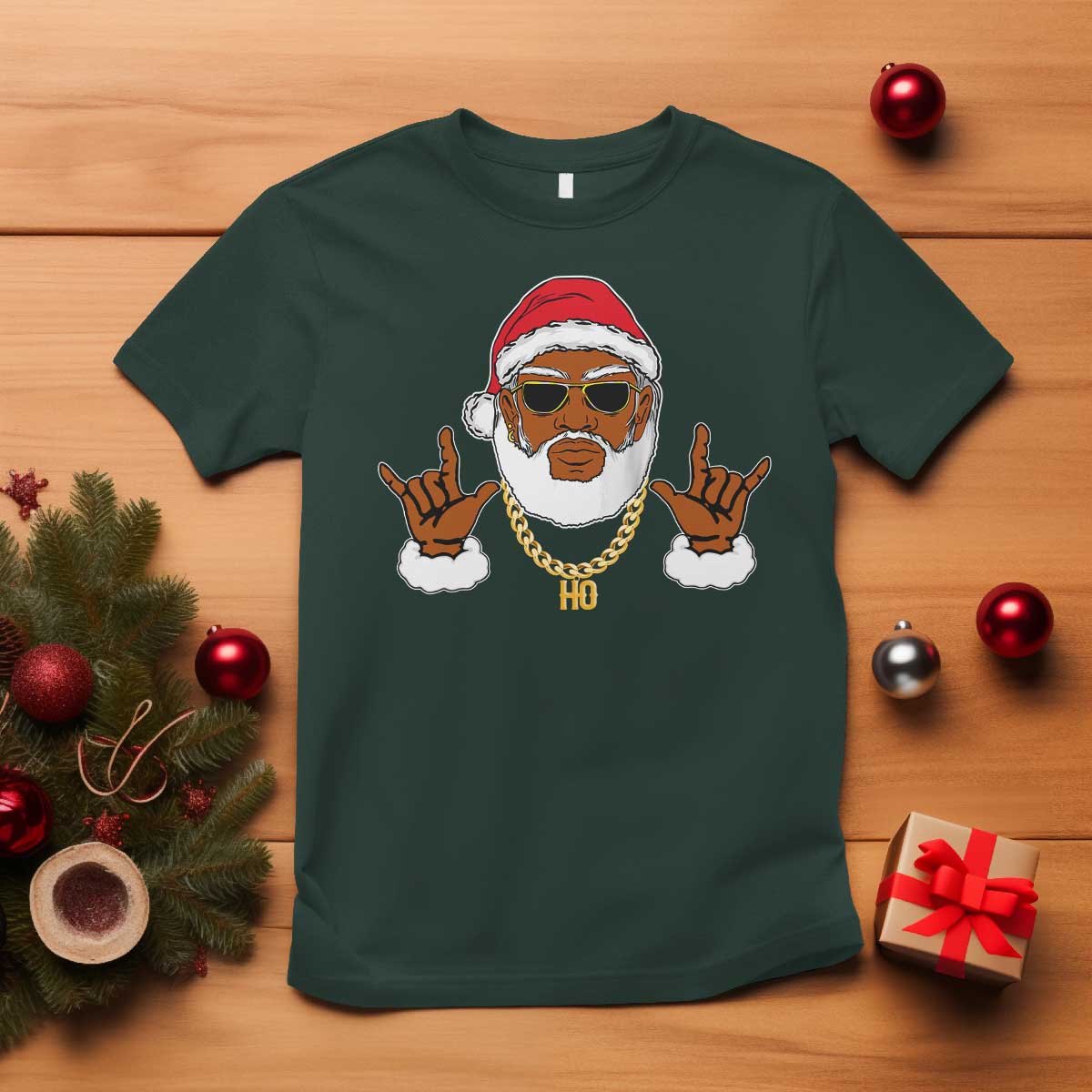Funny Christmas Santa T Shirt Black Hip Hop Santa African American Santa Rapper Fan Gift TS10 Dark Forest Green Print Your Wear