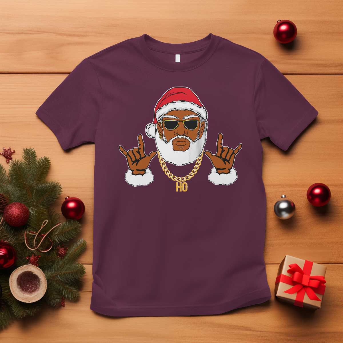 Funny Christmas Santa T Shirt Black Hip Hop Santa African American Santa Rapper Fan Gift TS10 Maroon Print Your Wear