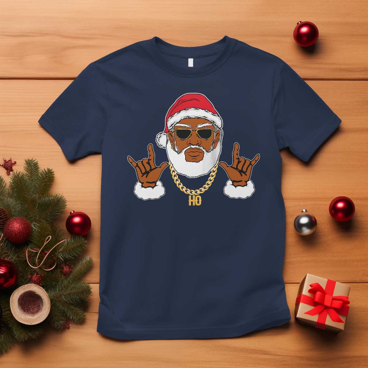 Funny Christmas Santa T Shirt Black Hip Hop Santa African American Santa Rapper Fan Gift TS10 Navy Print Your Wear