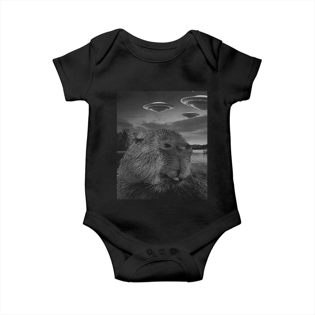 Funny Graphic Capybara Selfie with UFOs Weird Baby Onesie TS10 Black Print Your Wear