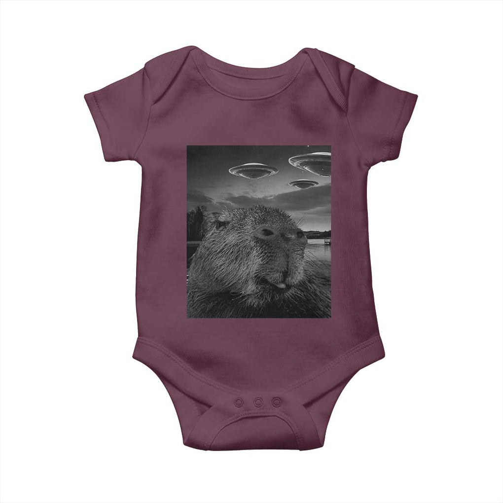 Funny Graphic Capybara Selfie with UFOs Weird Baby Onesie TS10 Maroon Print Your Wear