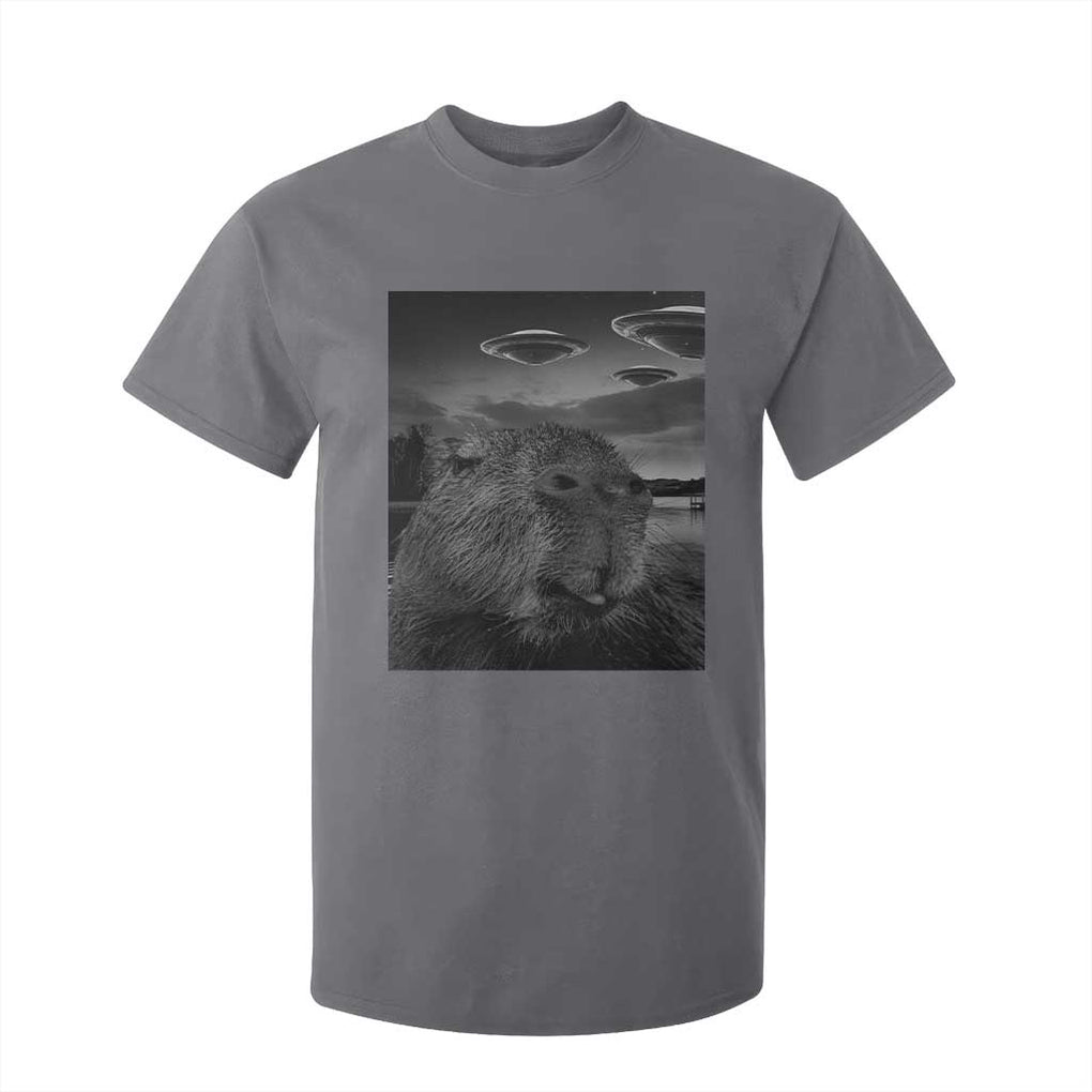 Funny Graphic Capybara Selfie with UFOs Weird T Shirt For Kid TS10 Charcoal Print Your Wear