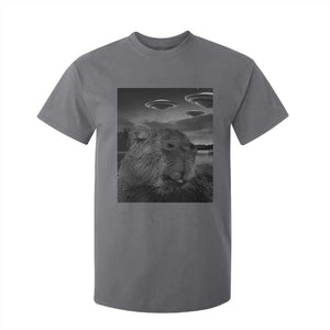 Funny Graphic Capybara Selfie with UFOs Weird T Shirt For Kid TS10 Charcoal Print Your Wear