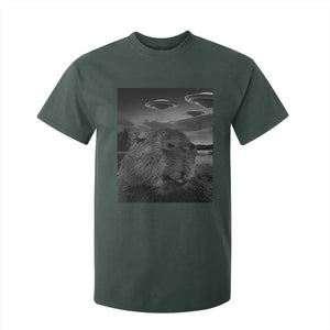 Funny Graphic Capybara Selfie with UFOs Weird T Shirt For Kid TS10 Dark Forest Green Print Your Wear