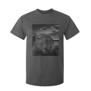 Funny Graphic Capybara Selfie with UFOs Weird T Shirt For Kid TS10 Dark Heather Print Your Wear