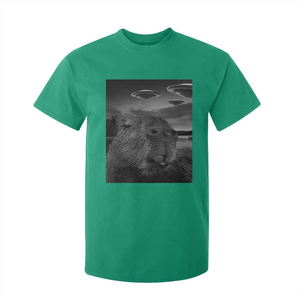 Funny Graphic Capybara Selfie with UFOs Weird T Shirt For Kid TS10 Irish Green Print Your Wear
