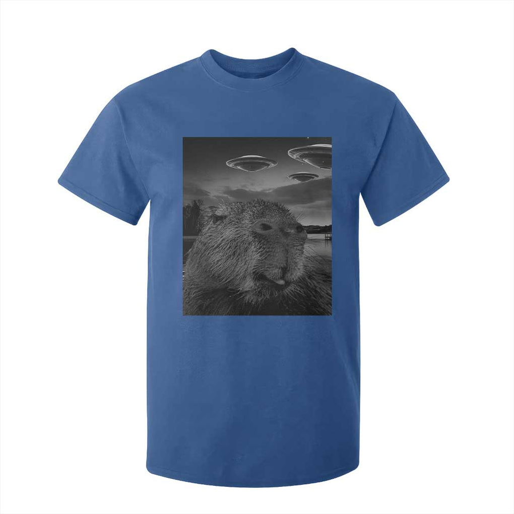 Funny Graphic Capybara Selfie with UFOs Weird T Shirt For Kid TS10 Royal Blue Print Your Wear